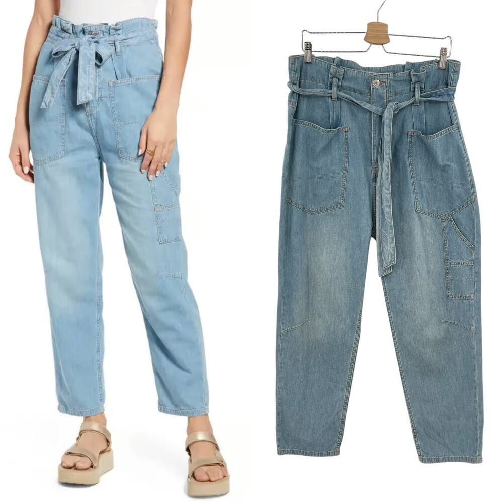 Free People Belted Denim Utility Pants In Blue Haze Denim Chambray Size‎ 30